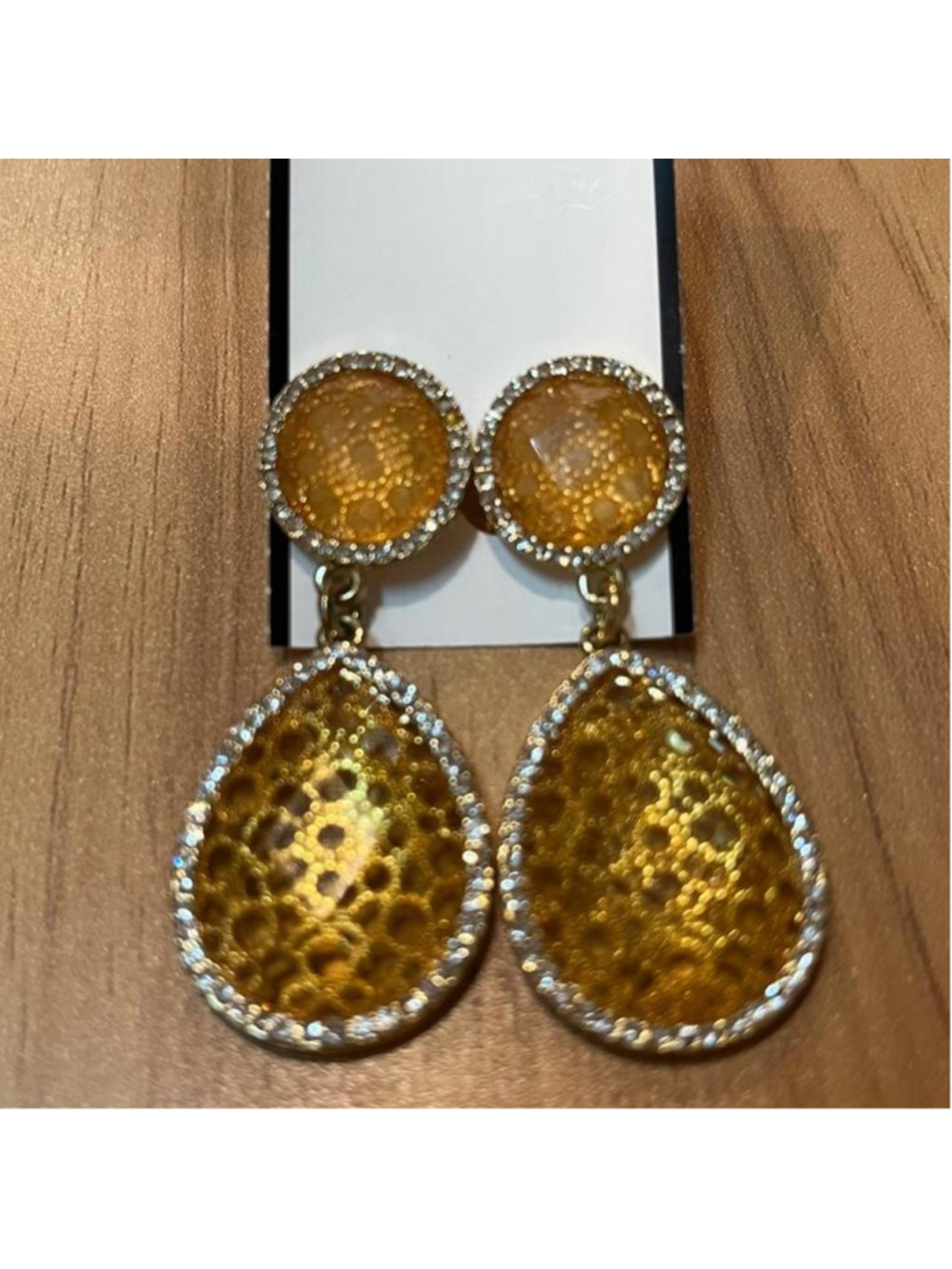 Amber teardrop statement earrings with gold-tone and rhinestone trim